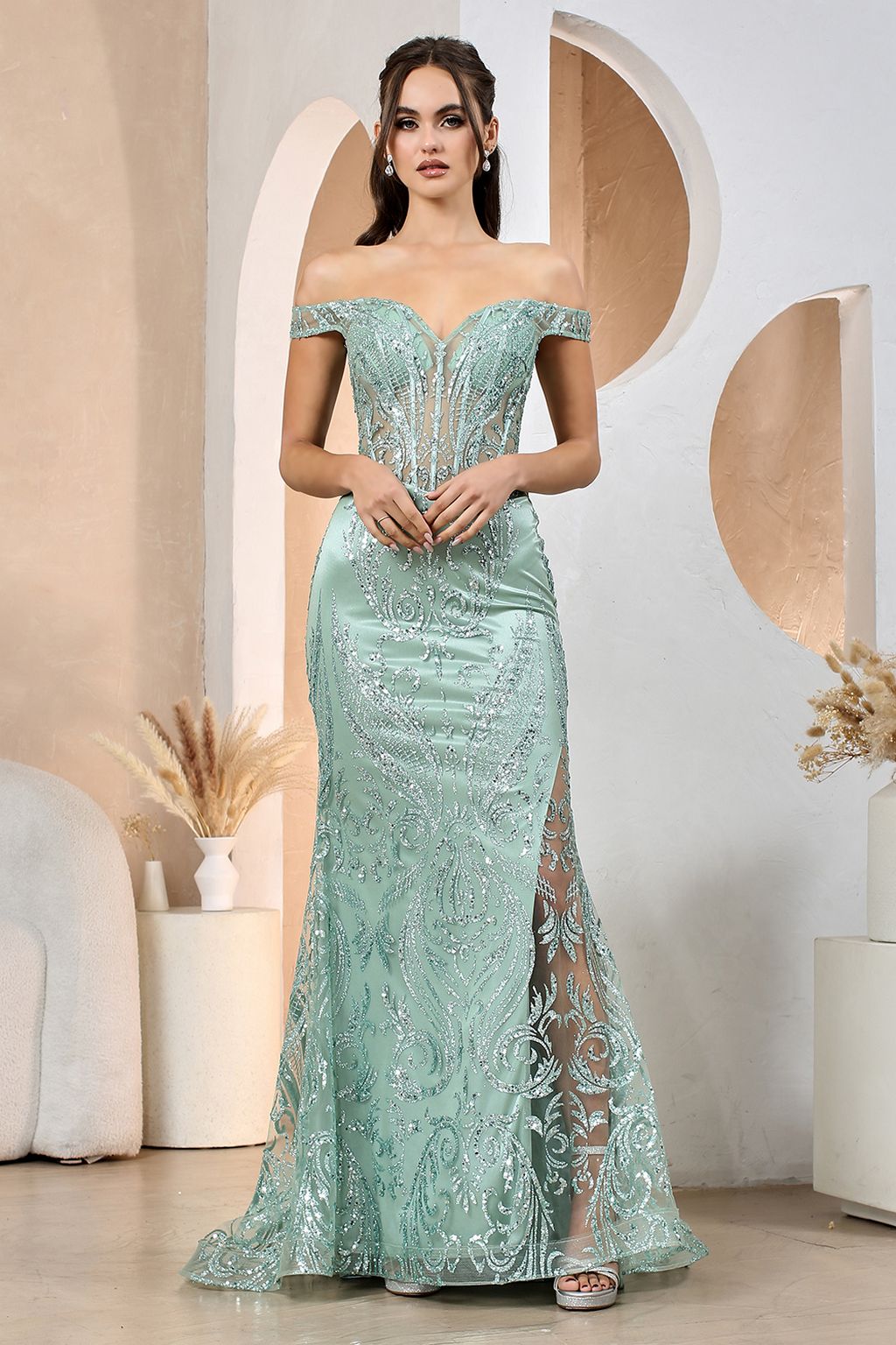 Adora Design 3168 Off Shoulder Glitter Print Mermaid Prom Gown
