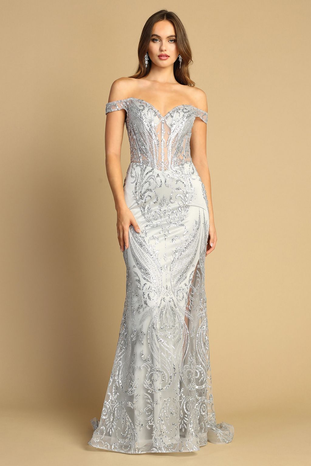 Adora Design 3168 Off Shoulder Glitter Print Mermaid Prom Gown