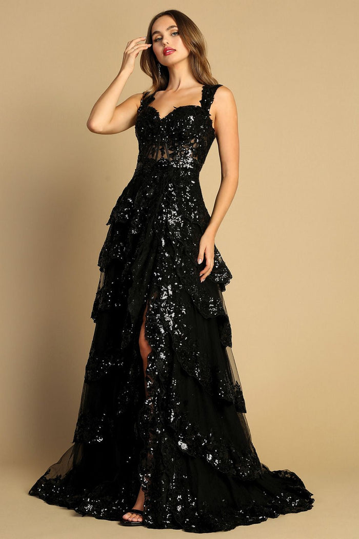 Adora Design 3174 Tiered A-Line Sequin Applique Formal Prom Gown