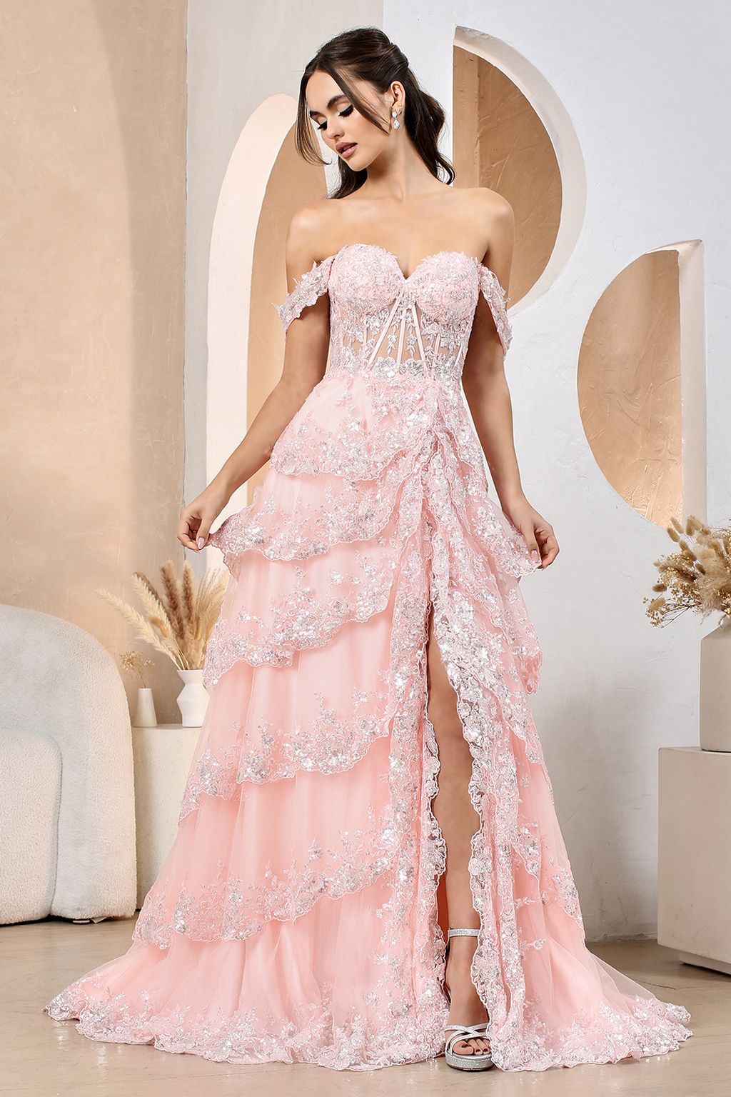 Adora Design 3174 Tiered A-Line Sequin Applique Formal Prom Gown