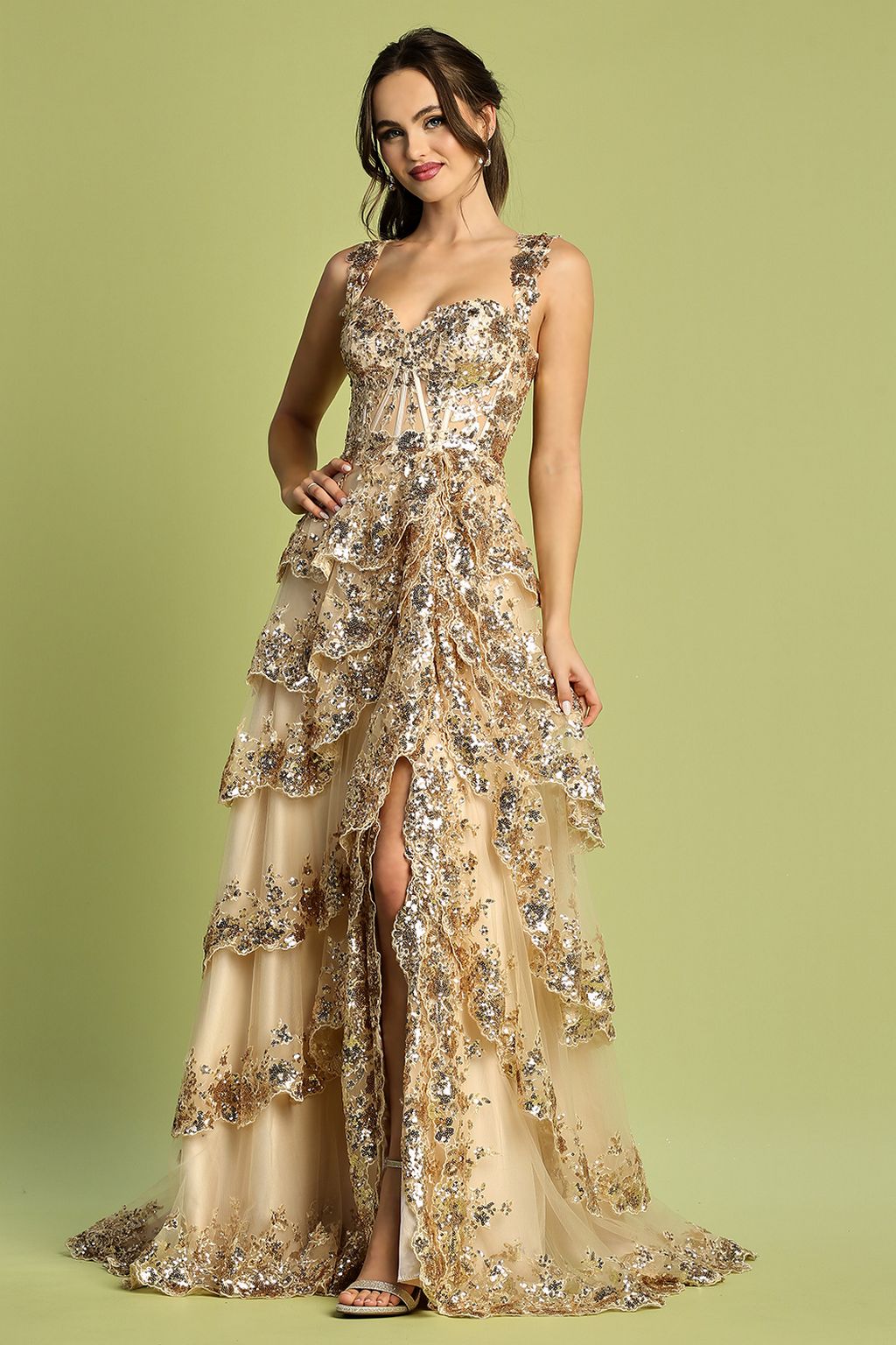 Adora Design 3174 Tiered A-Line Sequin Applique Formal Prom Gown
