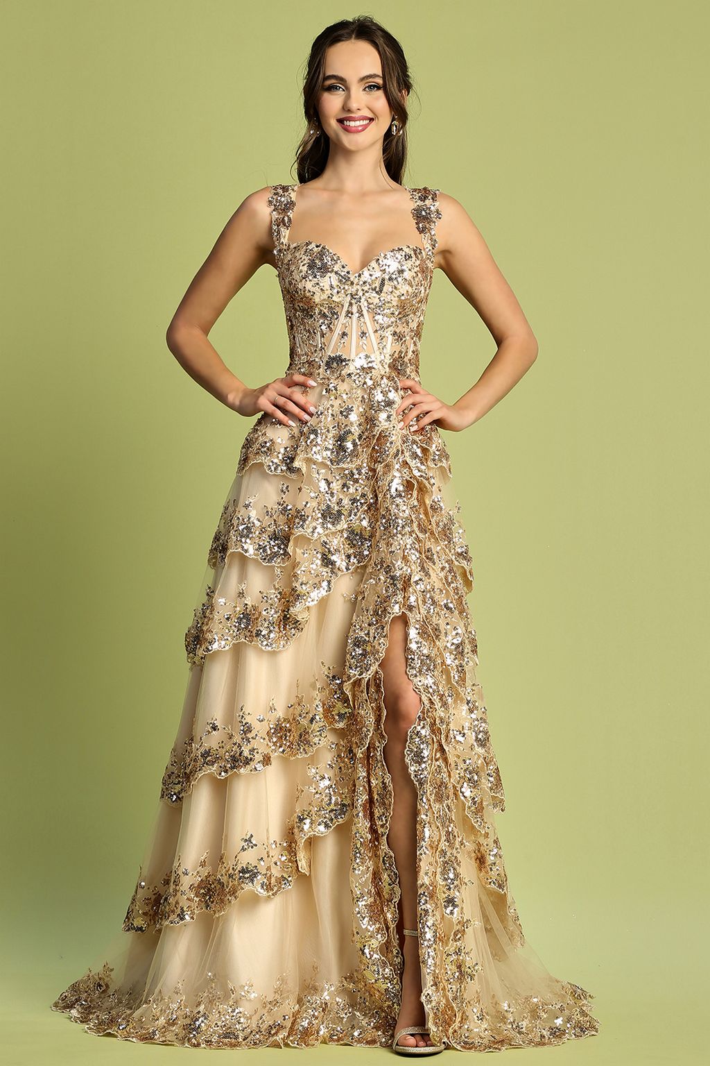 Adora Design 3174 Tiered A-Line Sequin Applique Formal Prom Gown