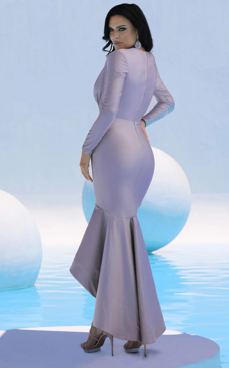 Jessica Angel JA318 V-Neck Long Sleeve Fitted Ruched Evening Jersey Dress