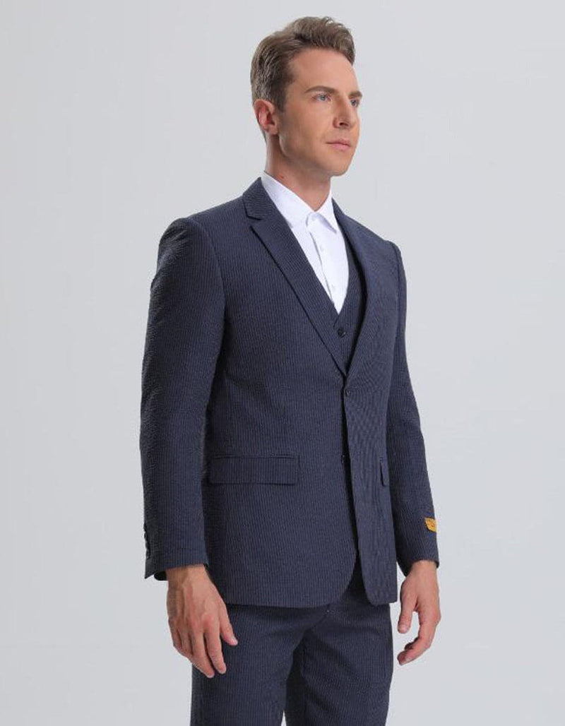 3 piece Suit - Navy Blue   Three PieceÂ SuitÂ - Mens Vested Summer Seersucker Suit in Navy on Navy Pinstripe