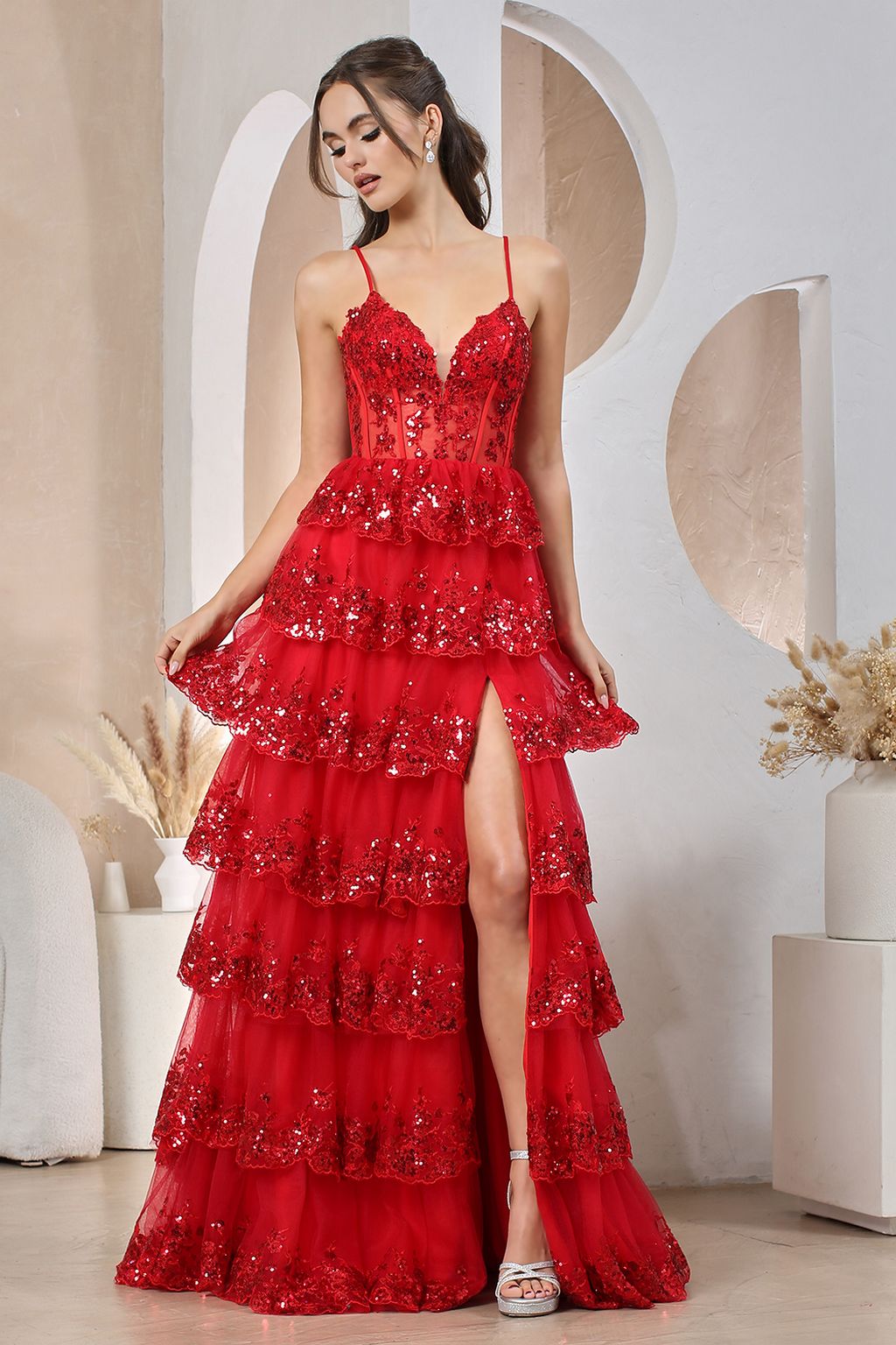 Adora Design 3218 Sequin Ruffle A-Line Slit Formal Prom Gown