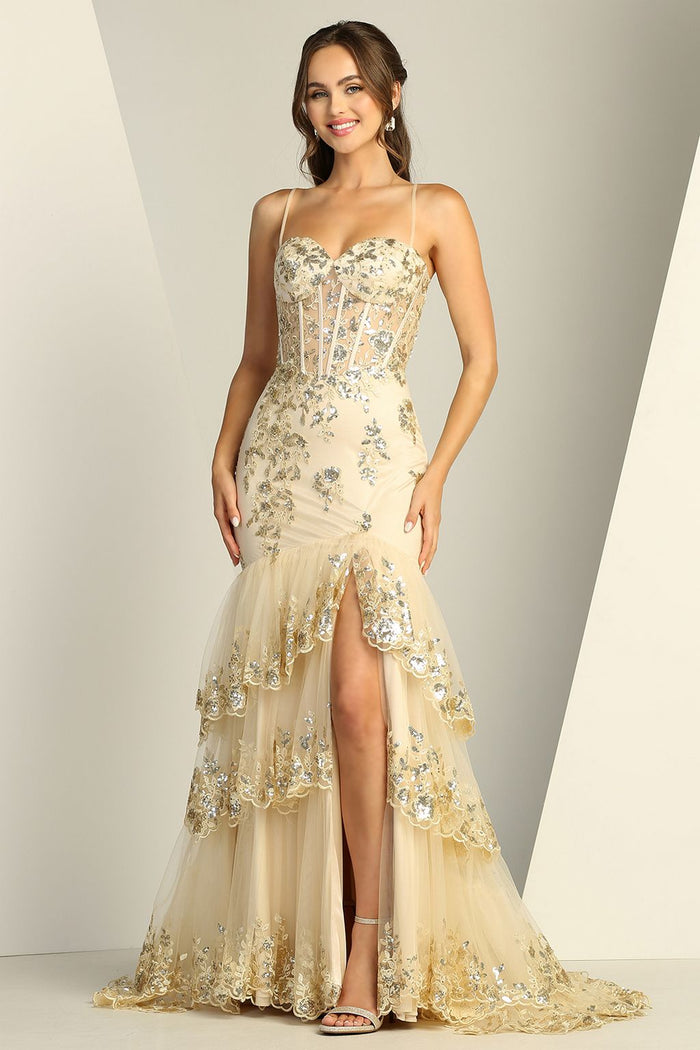 Adora Design 3221 Tiered Glitter Tulle Applique Slit Prom Gown