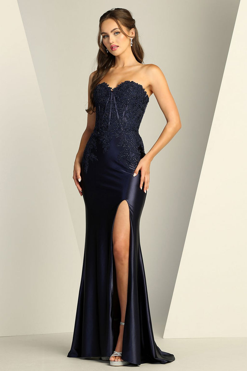 Adora Design 3223 Strapless Satin Fitted Long Slit Formal Prom Dress