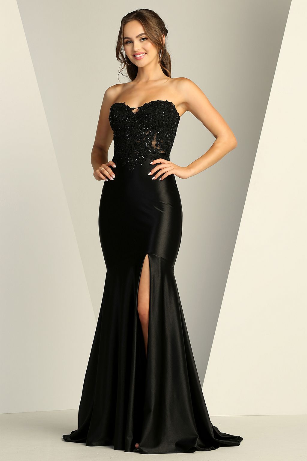 Adora Design 3226 Strapless Satin Lace High Slit Mermaid Gown