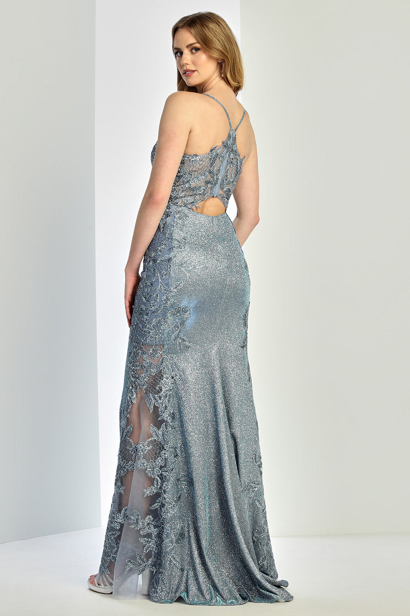 Adora Design 3241 Glitter Applique Fitted Spaghetti Strap Prom Dress