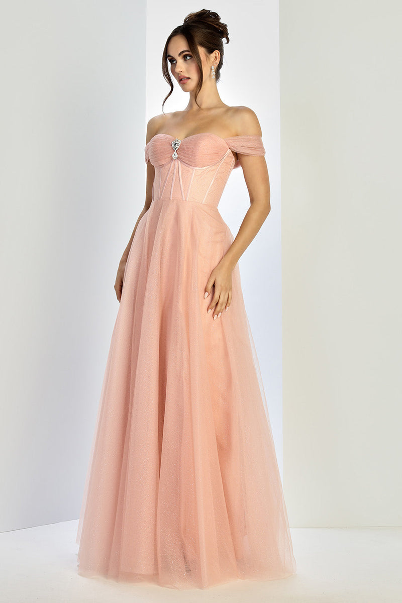 Adora Design 3244 Off-Shoulder Glitter Corset A-Line Prom Dress