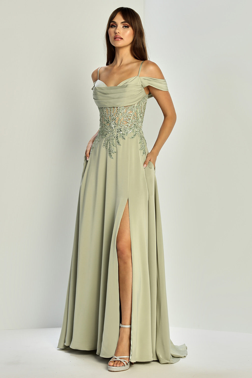 Adora Design 3251 Off Shoulder Pleated Lace Corset Gown