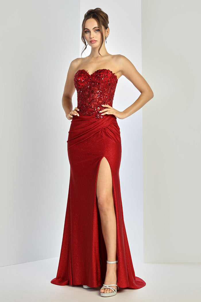 Adora Design 3253 Strapless Glitter Pleated Slit Formal Prom Gown