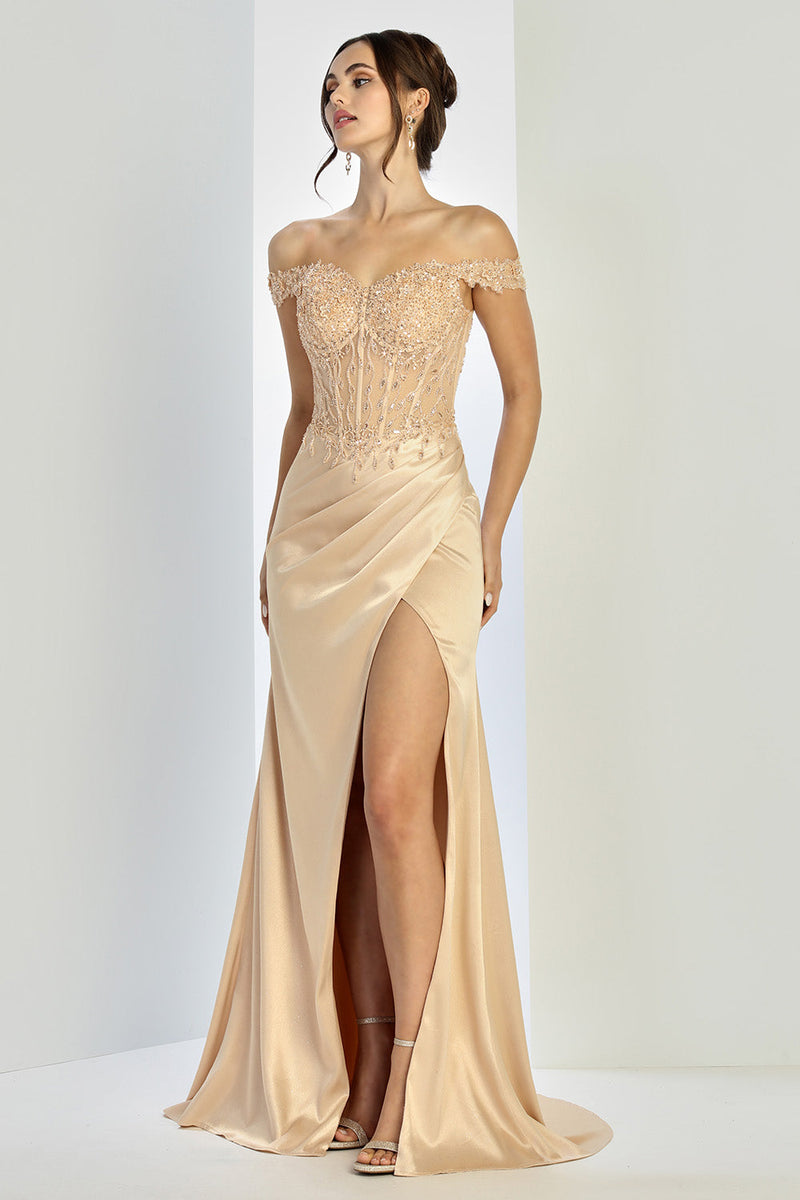Off the Shoulder Prom Dress Beaded Corset Slit Sweetheart Evening Gown