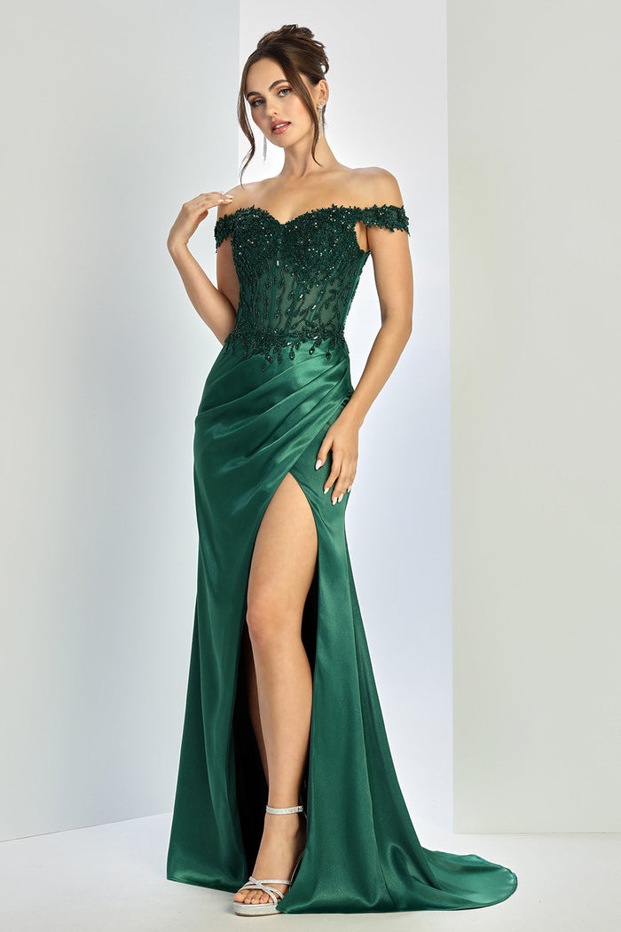 Off the Shoulder Prom Dress Beaded Corset Slit Sweetheart Evening Gown