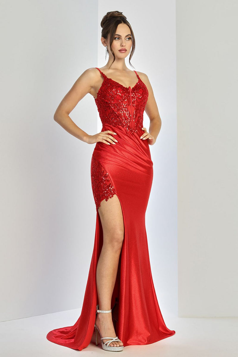 Adora Design 3266 Glitter Lace Applique Corset Slit Prom Gown