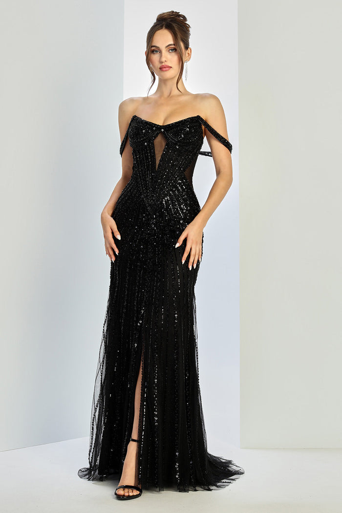 Adora Design 3271 Long Fitted Off Shoulder Sequin Formal Dress