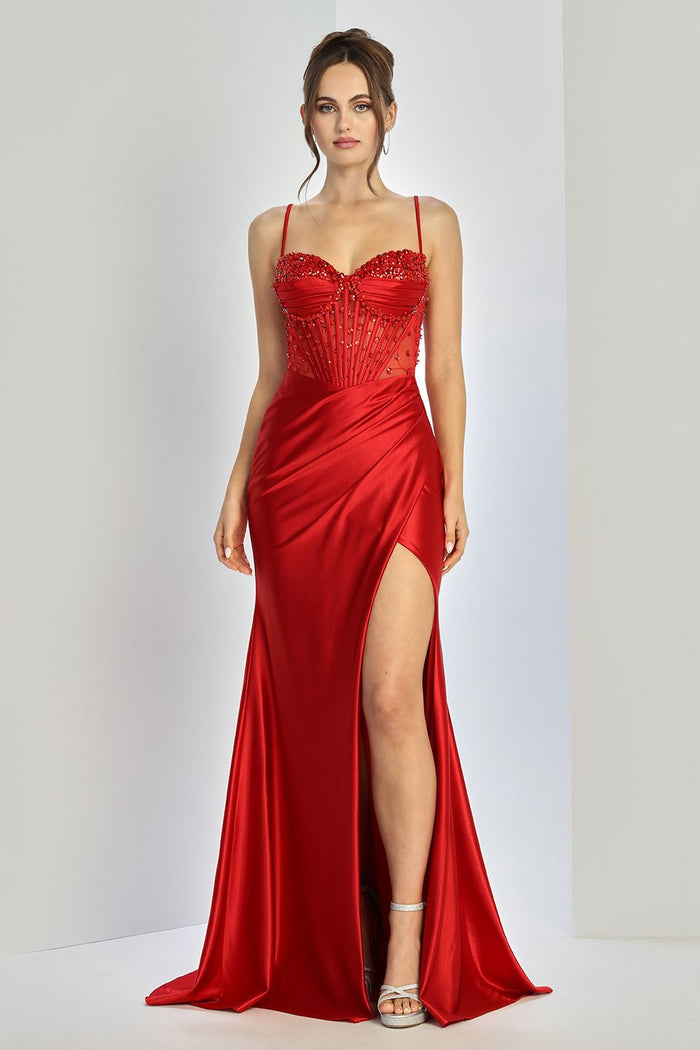 Adora Design 3273 Beaded Corset Spaghetti Strap Slit Prom Gown