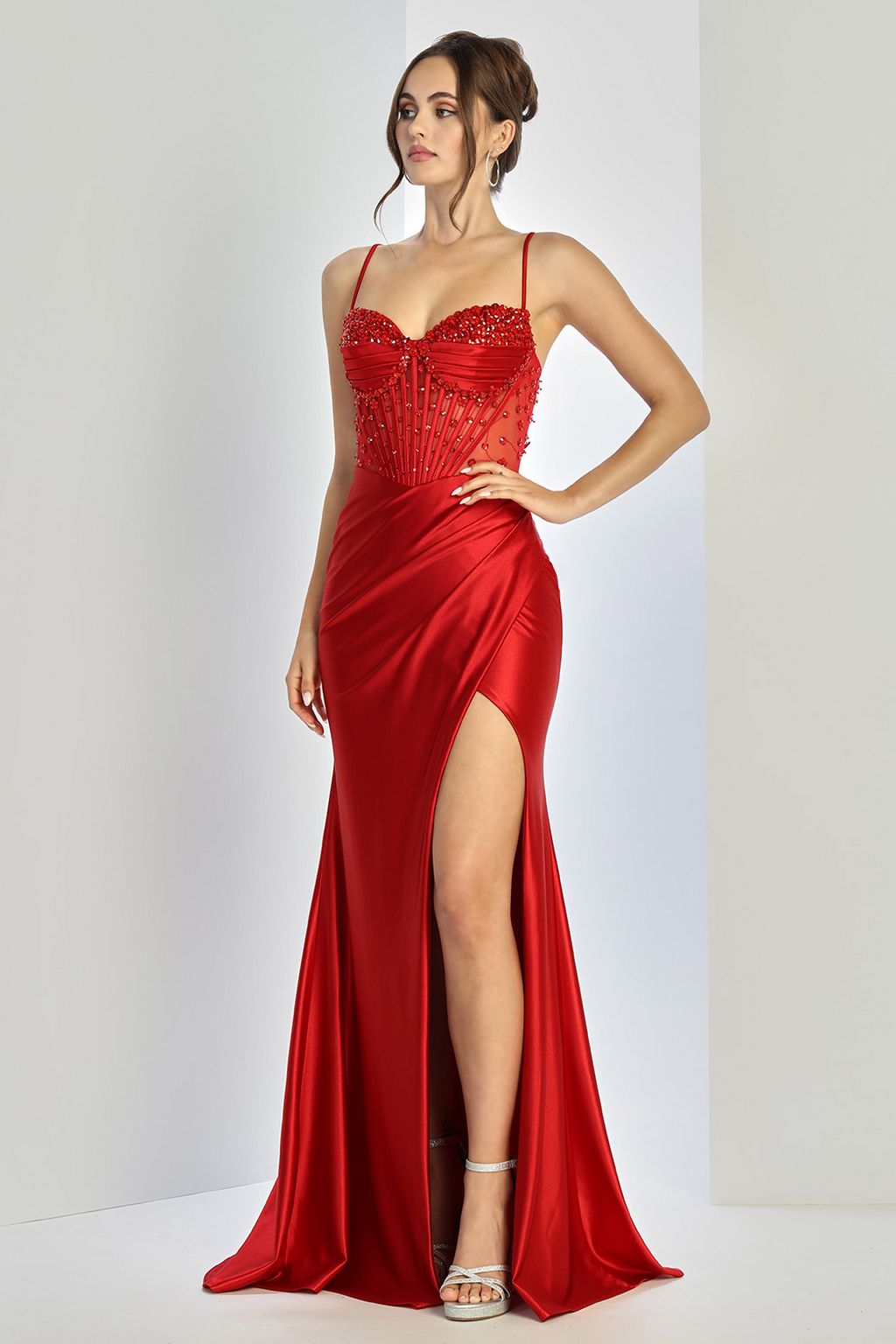 Adora Design 3273 Beaded Corset Spaghetti Strap Slit Prom Gown