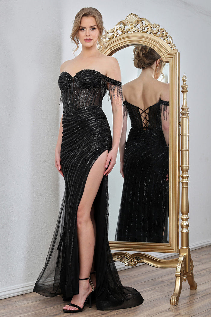 Adora Design 3296 Off Shoulder Beaded Long Fitted Prom Dress