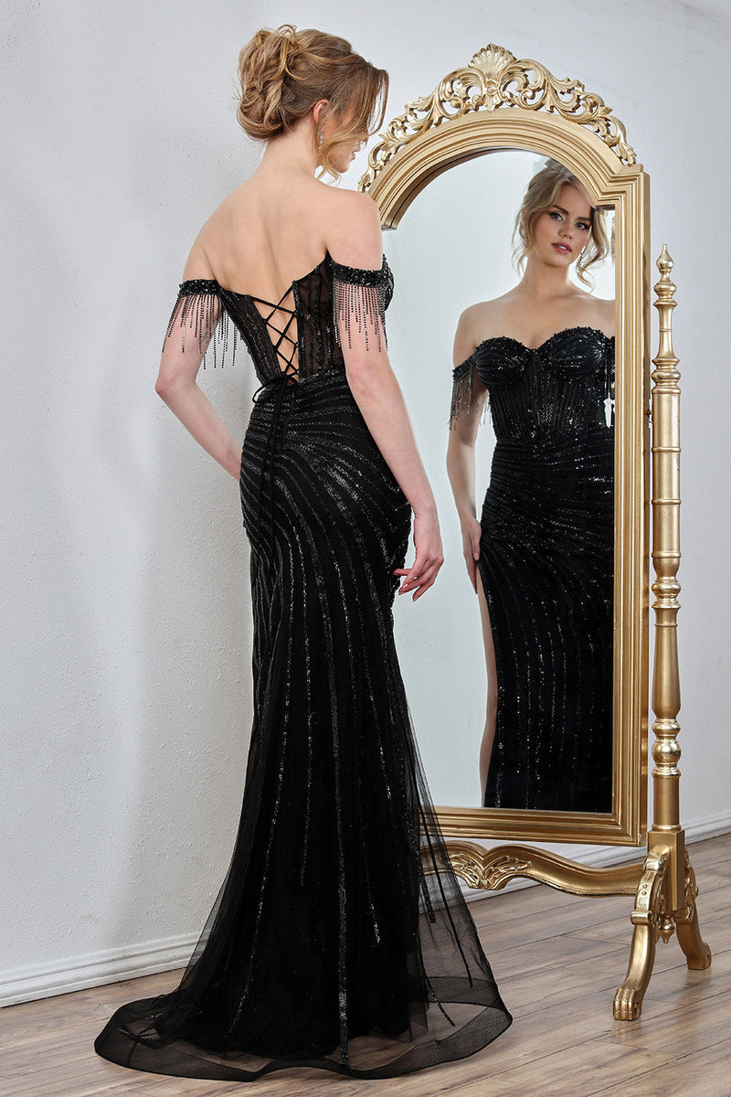 Adora Design 3296 Off Shoulder Beaded Long Fitted Prom Dress