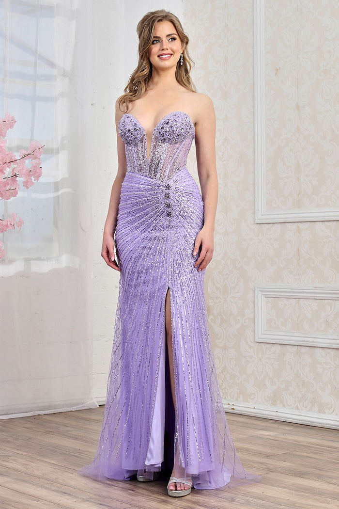 Strapless Beaded Tulle High Slit Formal Prom Gown