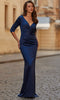 La Femme 33152 Three Quarter Sleeve Ruched Evening Gown