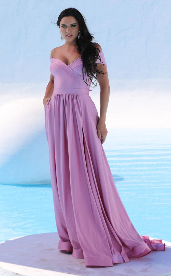 Jessica Angel JA332 Off-Shoulder A-Line High Slit Open Back Jersey Dress