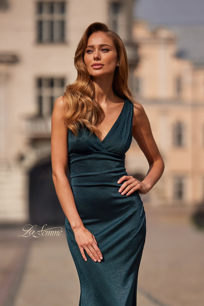 La Femme 33425 Wide Strap V-Neck Metallic Fitted Gown