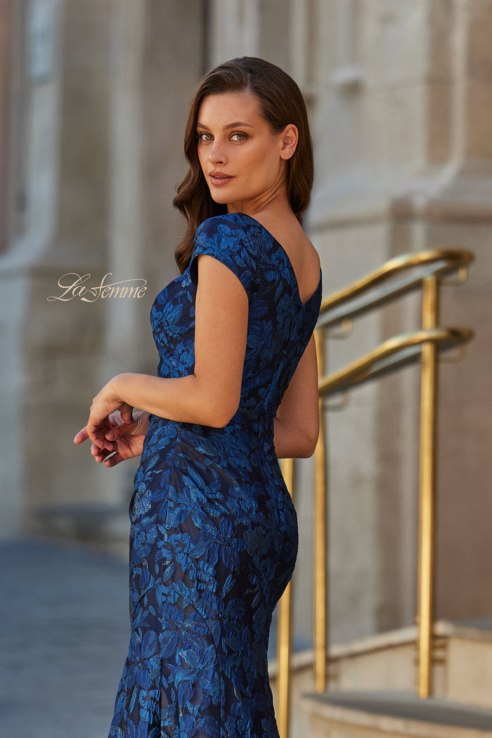 La Femme 33578 Cap Sleeve Floral Jacquard Fit and Flare Gown