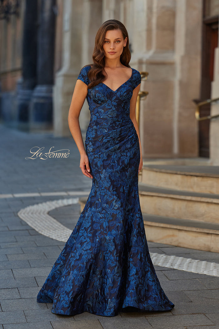 La Femme 33578 Cap Sleeve Floral Jacquard Fit and Flare Gown
