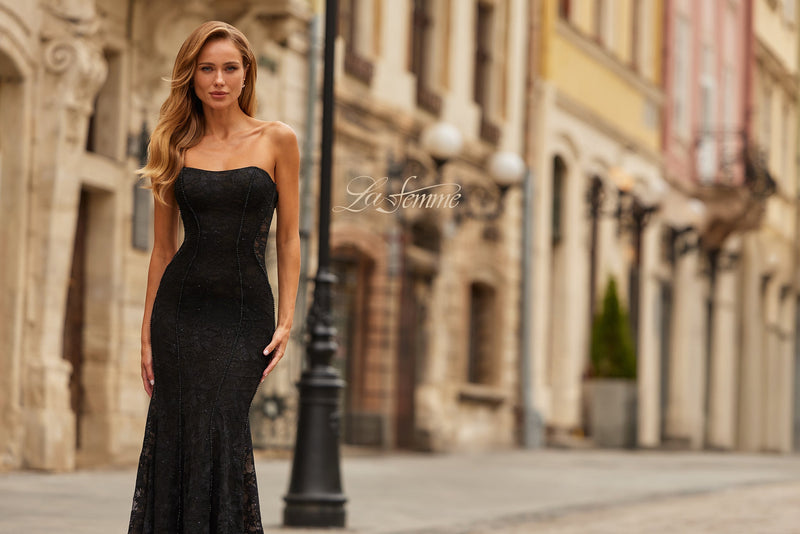 La Femme 33608 Beaded Seam Allover Lace Prom Gown
