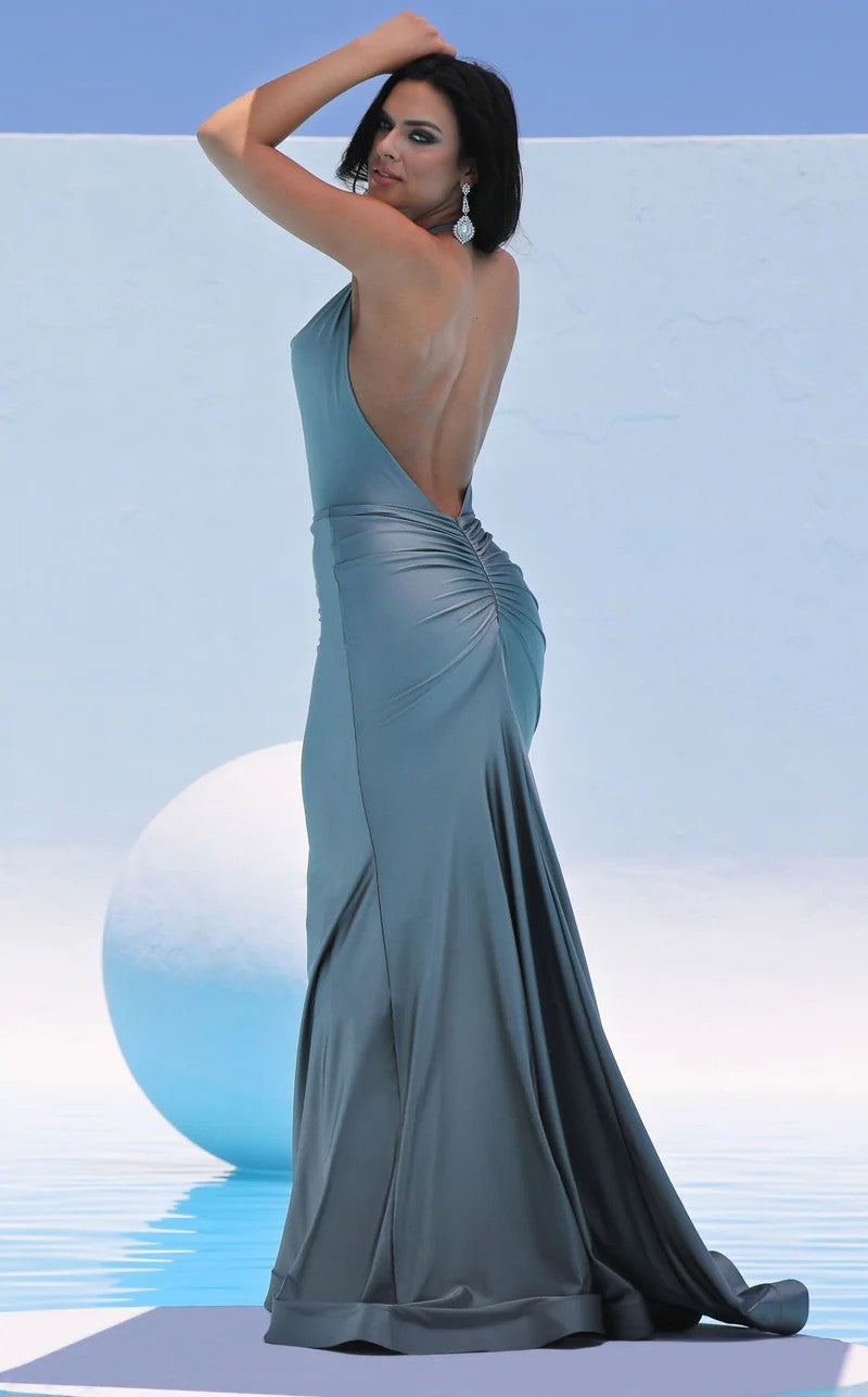 Jessica Angel JA352 Halter Cowl Neck Fitted Open Back Ruched Jersey Dress
