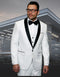 White men's one-button tuxedo with shiny sharkskin fabric, shawl lapel, and black accents. Includes a white dress shirt and black bow tie. Tailored fit with structured shoulders and tapered trousers.

