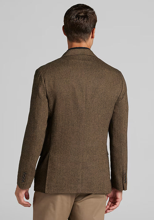 Alberto Nardoni 1905 sportcoat: Muted brown herringbone, tailored fit, shawl collar, single-breasted. Structured silhouette with fitted back, two vents, and sleeve buttons. Textured fabric.