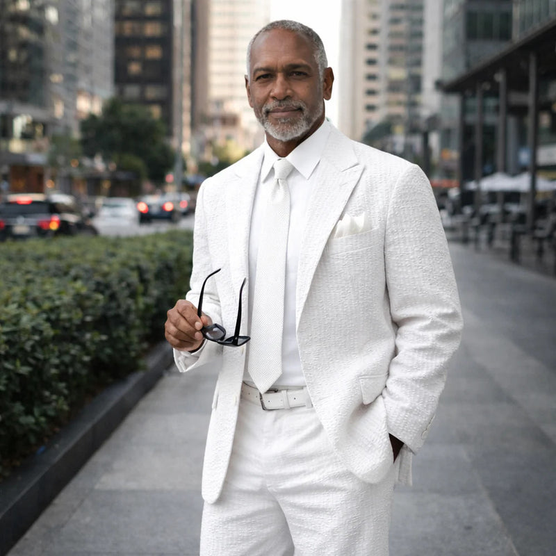 Inserch Mens Premium Cotton Seersucker Stripe Suit – White
