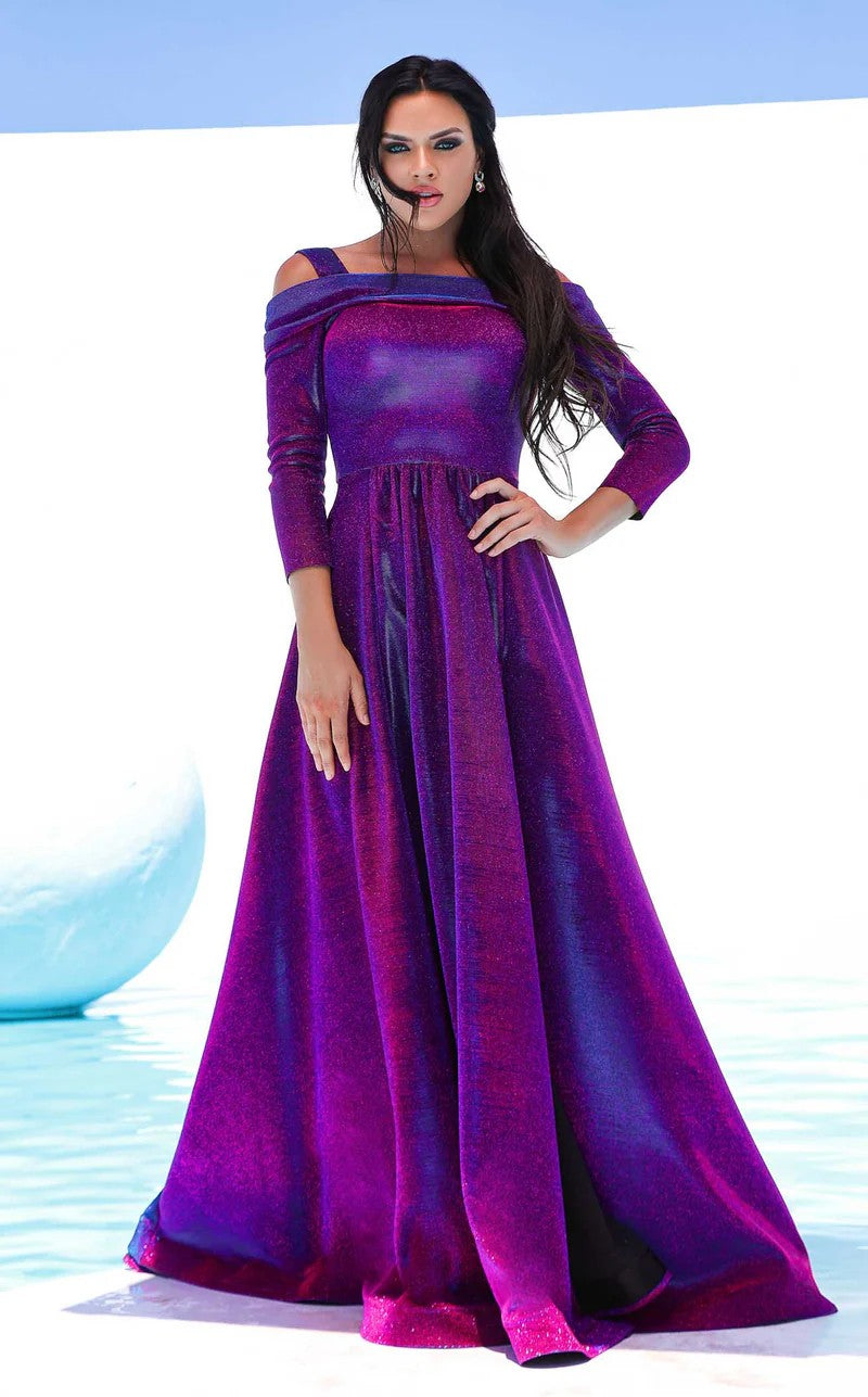 Jessica Angel JA392 Off-Shoulder A-Line Train Prom Formal Floor-Length Jersey Dress