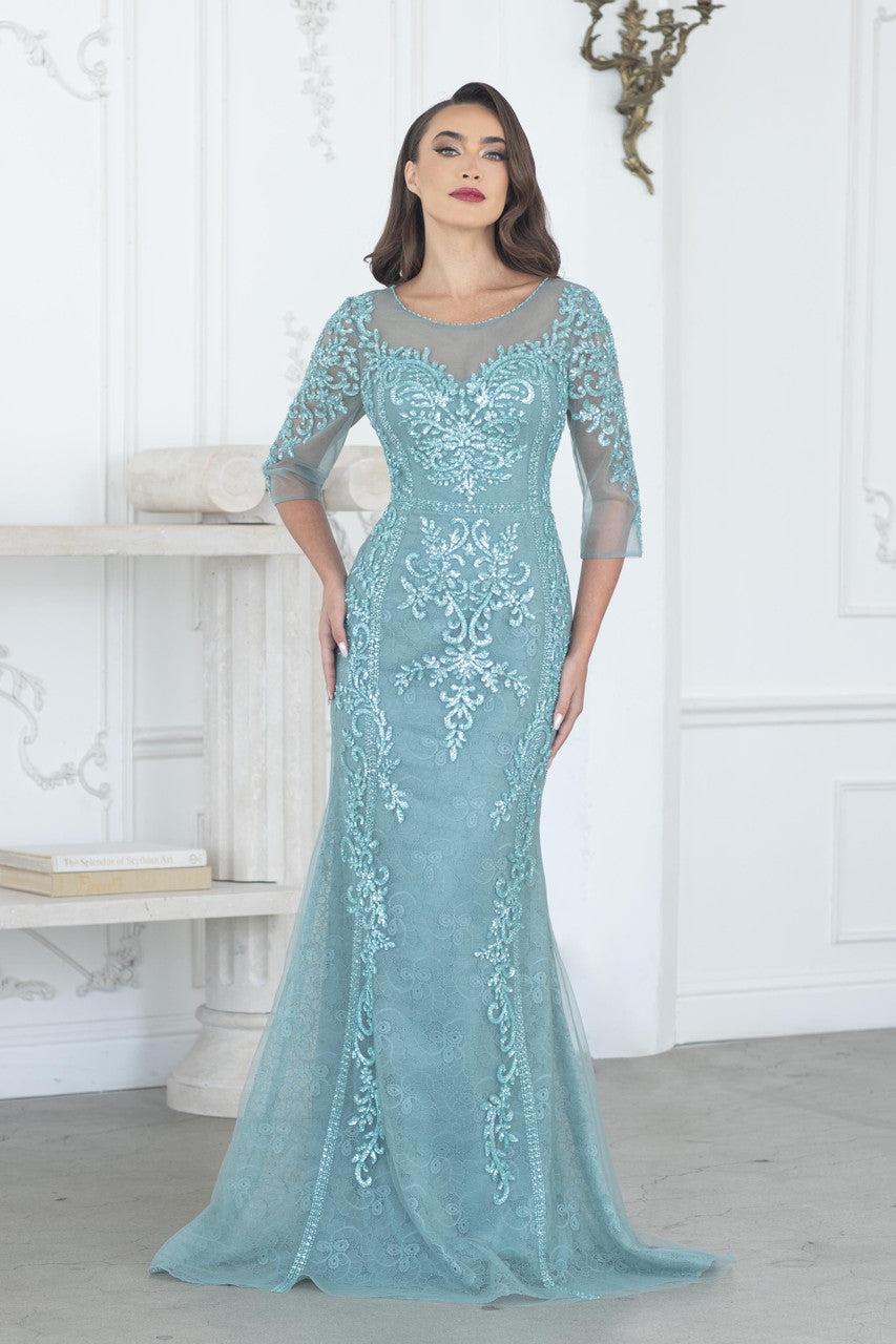 Lenovia 8369 Beaded Embroidered Mesh Long Mother of Bride Dress with 3/4 Sleeves