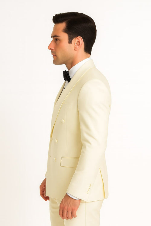 Off-white men's double-breasted tuxedo jacket with shawl lapel. Structured fit, smooth fabric with sheen. Features front buttons, side pockets, and sleeve button details.
