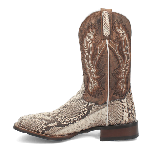 Dan Post Brutus Python boots: Men's snakeskin design in light brown/cream. Square toe, detailed stitching, pull tab, and leather heel. Stylish and durable.
