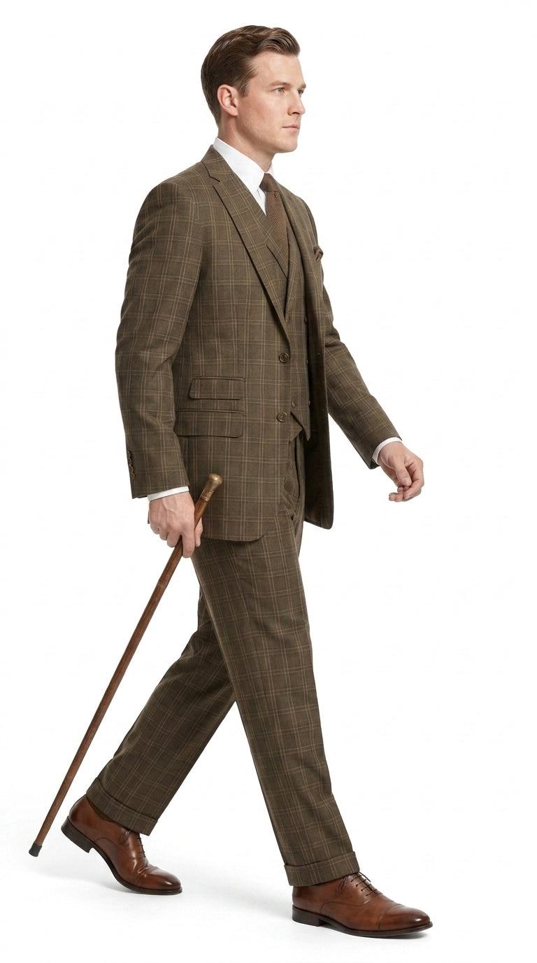 Men’s 1930s Brown Plaid 3 Piece Suit, Vintage Formal Wedding Business Dress Suit Set