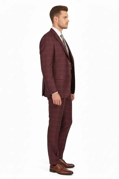 Burgundy checkered three-piece suit for men. Classic fit plaid blazer, matching vest & straight-cut pants. Windowpane pattern in burgundy shades. Two-button blazer, fitted vest.
