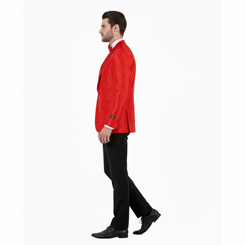 Big & tall men's tuxedo jacket. Features a vibrant red paisley satin pattern, shawl lapel, & matching bow tie. Structured, slightly tailored fit.
