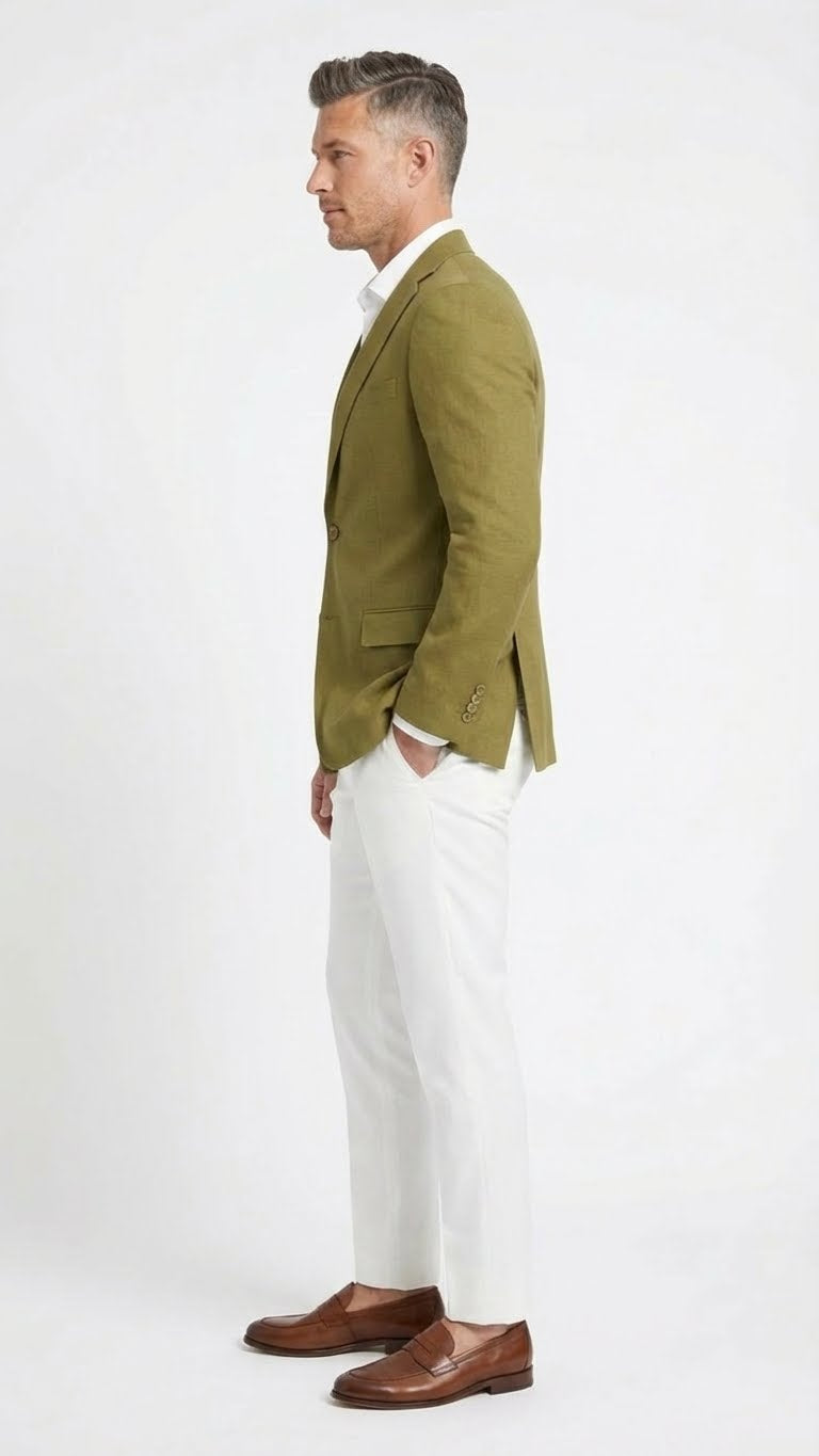 Alberto Nardoni men's olive green blazer. Single-breasted with notched lapel, two front pockets. Textured fabric, likely natural fibers blend. Fitted silhouette, back vent.
