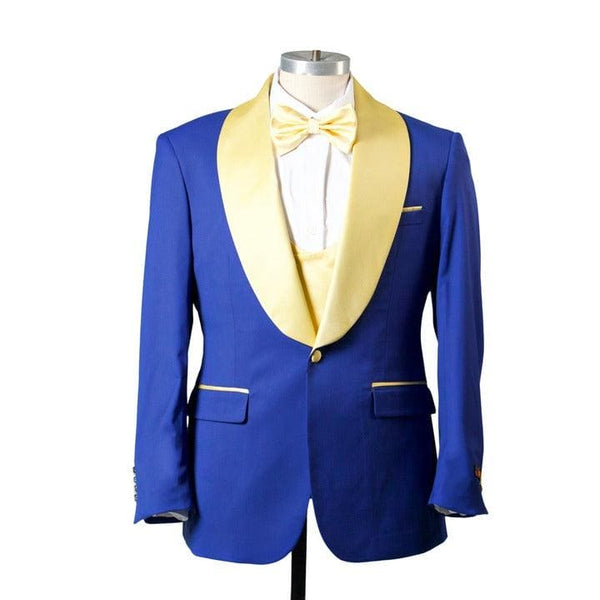 1 BUTTON SHAWL LAPEL TUXEDO WITH VEST - ROYAL & GOLD - AlbertoNardoniStore