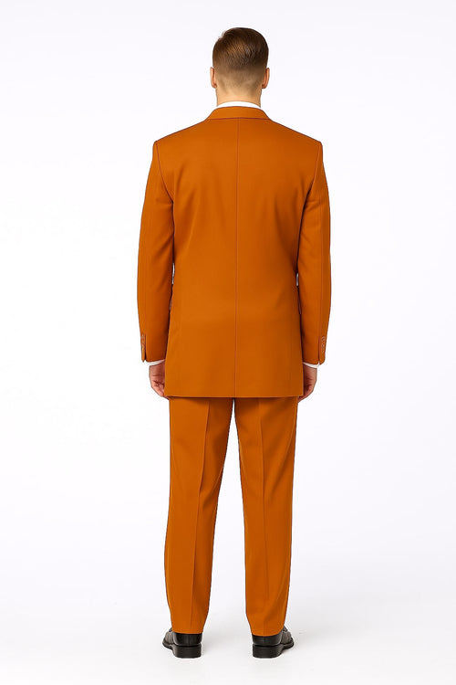 AlbertoNardoni men's rust three-piece suit: tailored jacket, trousers, and waistcoat. Features a structured silhouette, straight seams & legs. Smooth textile, formal finish. Uniform rust color.
