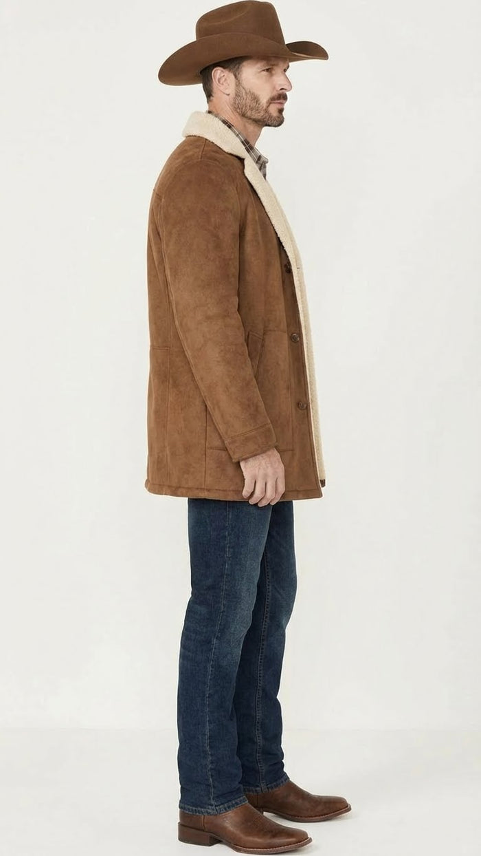 Men's brown western faux suede blazer coat features a straight cut with a soft, textured exterior. The collar is cream-colored, contrasting the brown body. The coat has a buttoned front and side pockets.