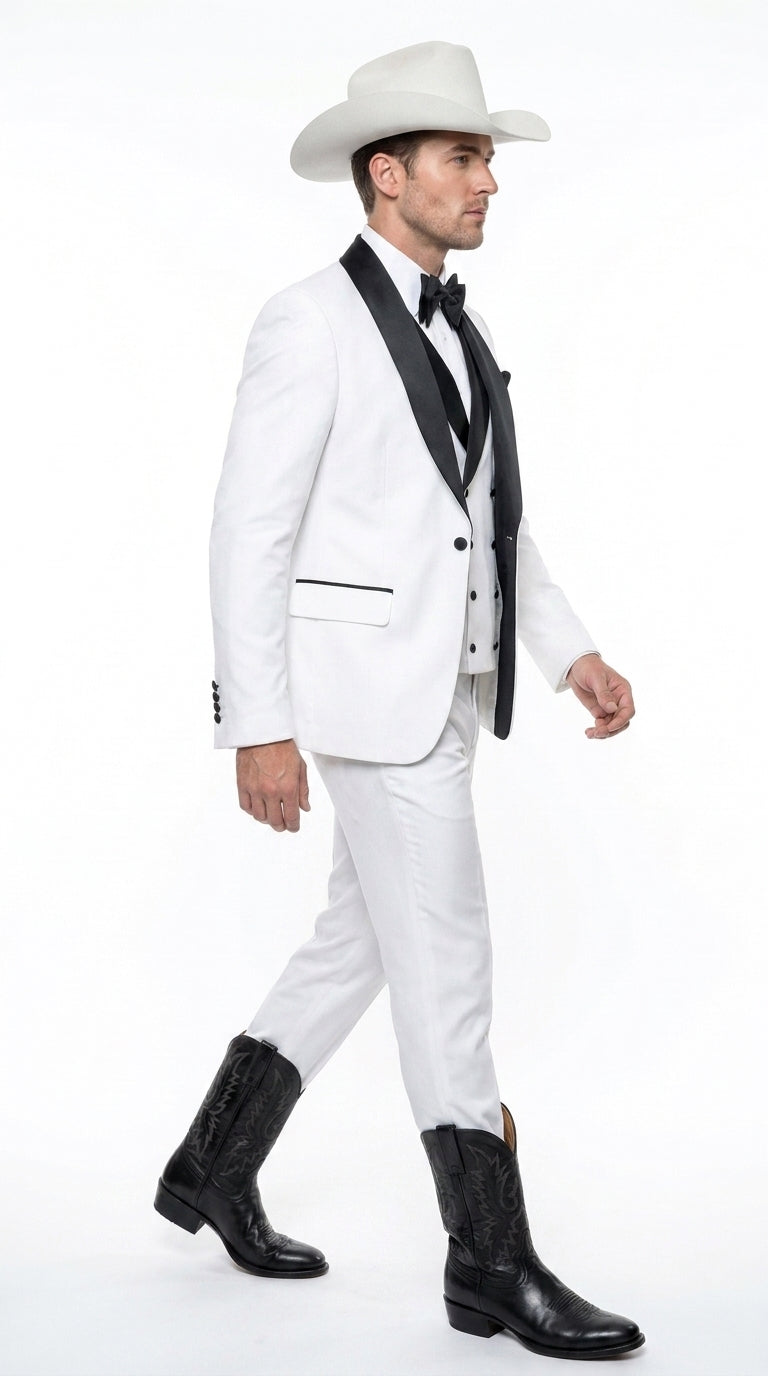 Men’s White and Black Western Wedding Tuxedo – Cowboy Style 3-Piece Traje para Boda with Double-Breasted Vest