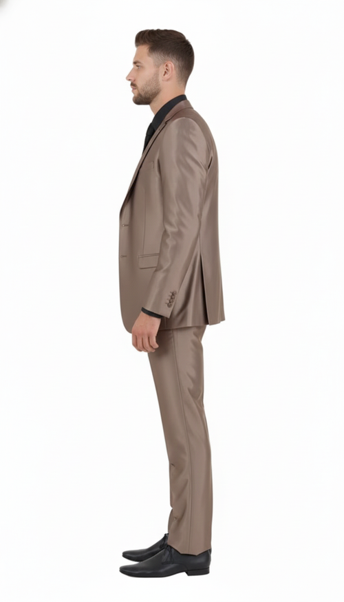 Men's shiny sateen three-piece suit in metallic taupe/gold bronze. Fitted design with a tailored jacket (structured shoulders, single vent), matching straight-leg trousers, and a vest. Smooth, glossy finish.
