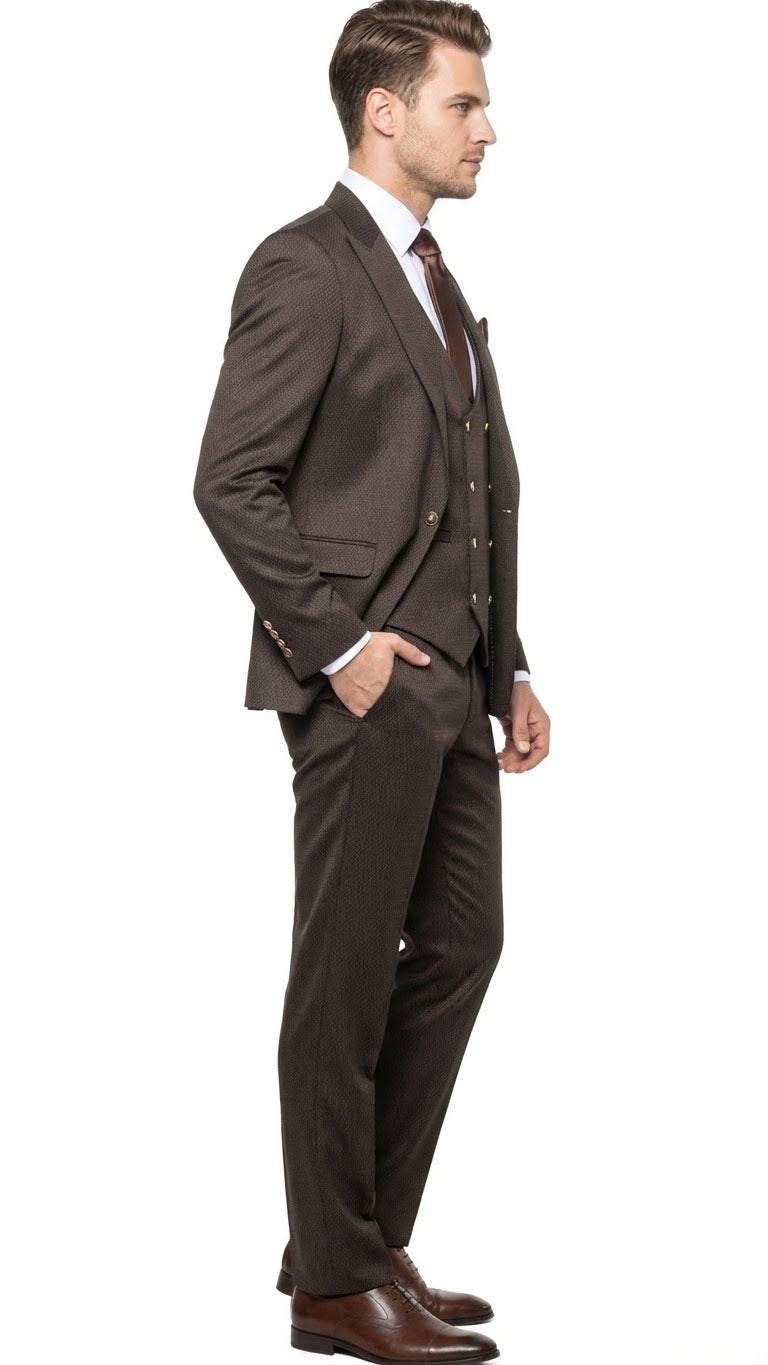 Men’s Chocolate Brown Textured 3-Piece Suit – Luxury Double-Breasted Vest Formal Set