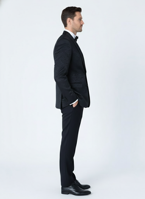 Men’s Black Textured Paisley floral Tuxedo Suit – Premium Slim Fit Formal Wedding, Prom, with Bowtie